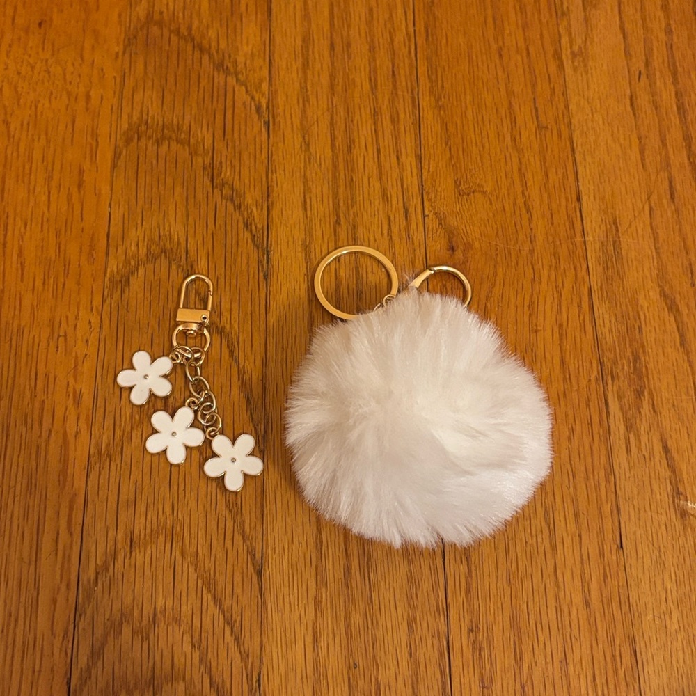 White Fluffy Pom Pom Keychain with Flower Charm Keychain